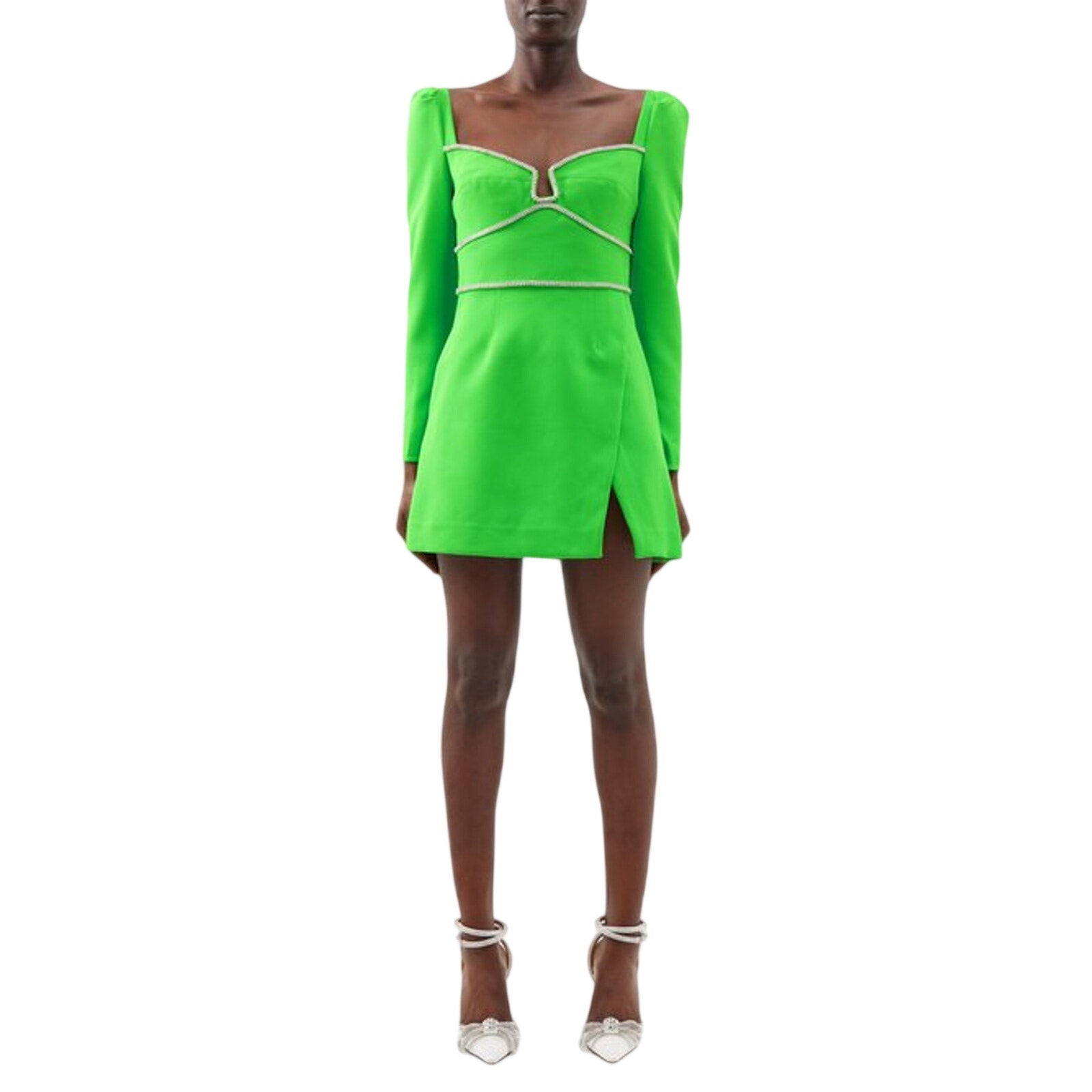 Self-Portrait Glam Bright Green Crystal Embellished Crepe Mini Dress Size 4 Us
